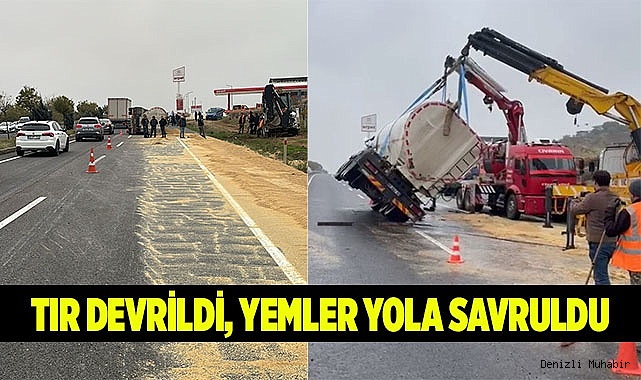 Tır devrildi, yemler yola savruldu