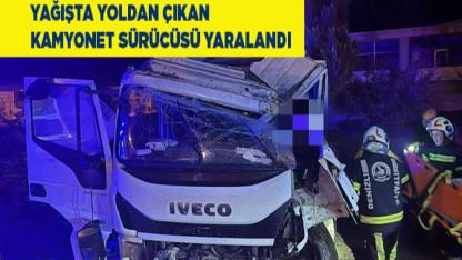 Yağışta yoldan çıkan kamyonet sürücüsü yaralandı
